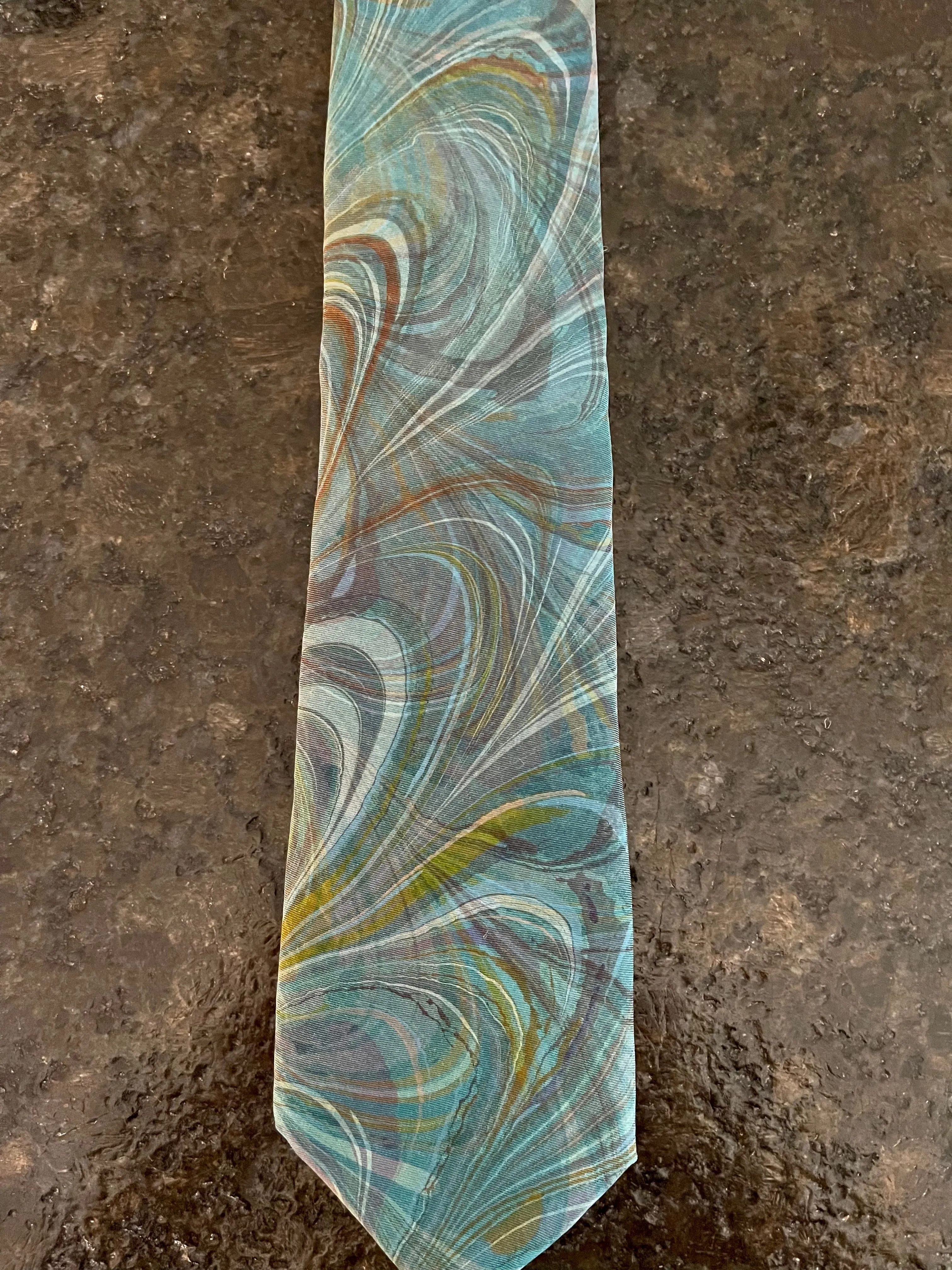 Green Blue Brown double marbled    3” Silk Tie  water marbled