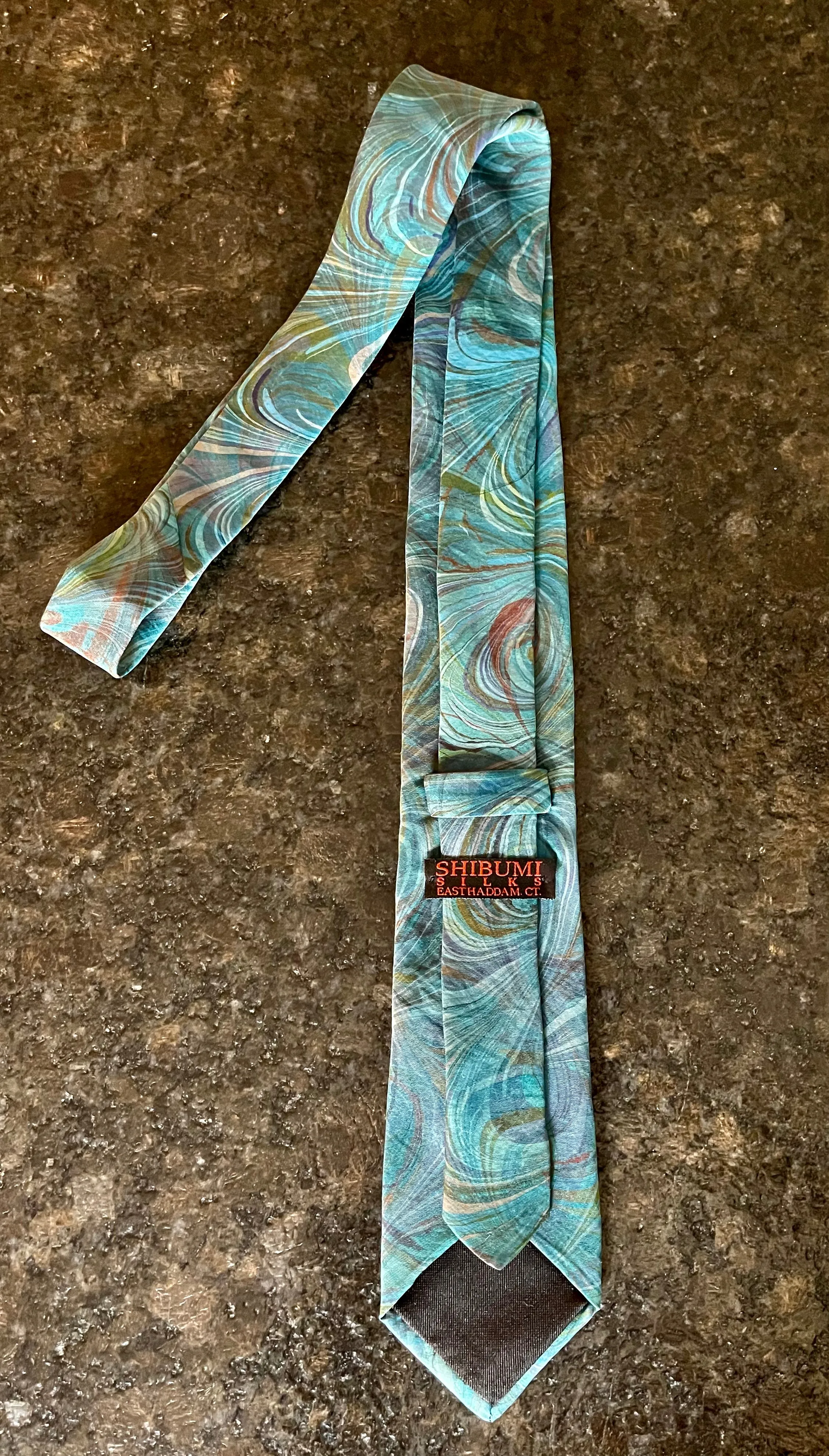 Green Blue Brown double marbled    3” Silk Tie  water marbled