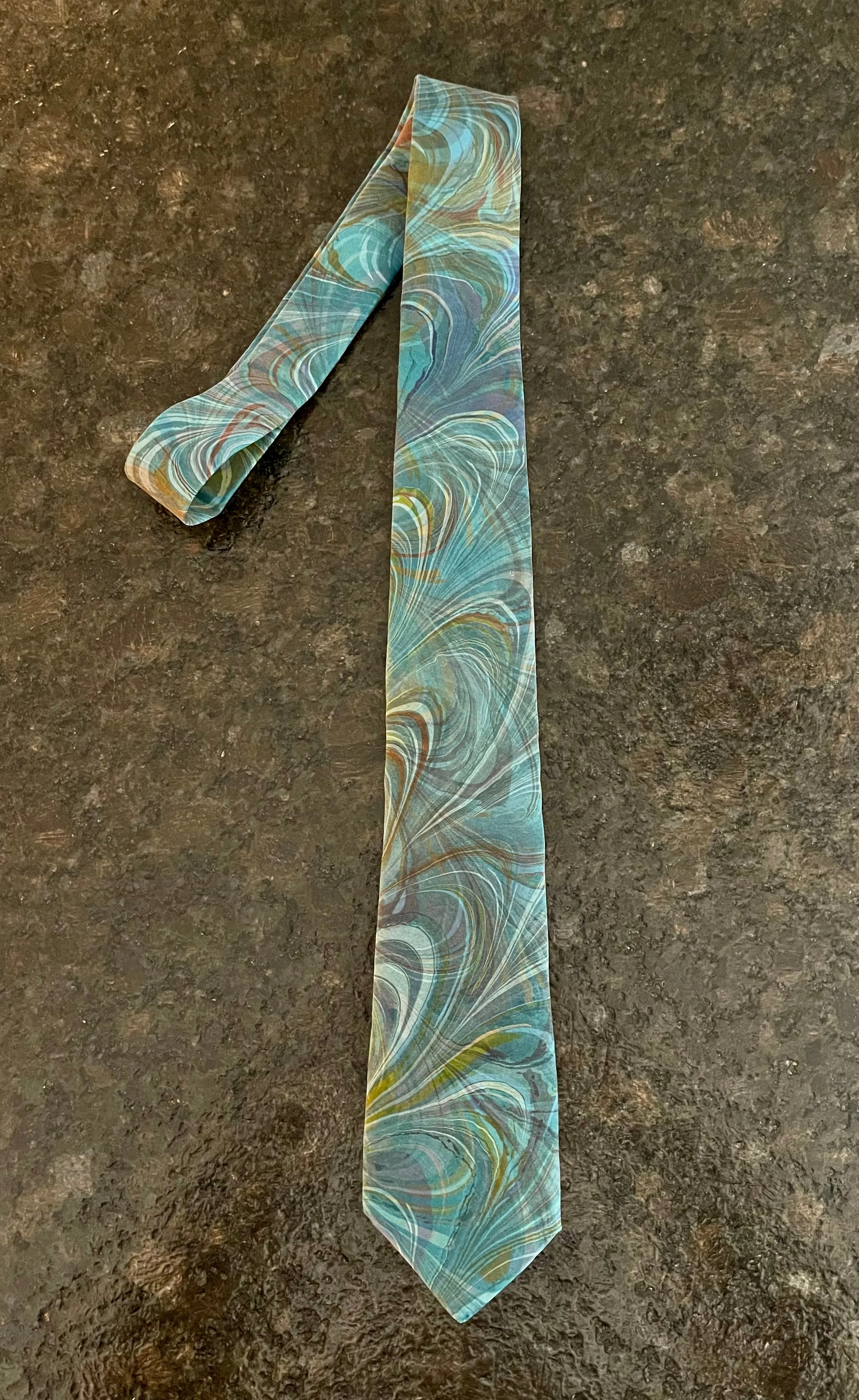 Green Blue Brown double marbled    3” Silk Tie  water marbled