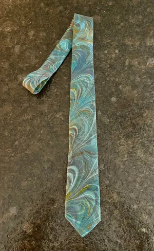 Green Blue Brown double marbled    3” Silk Tie  water marbled