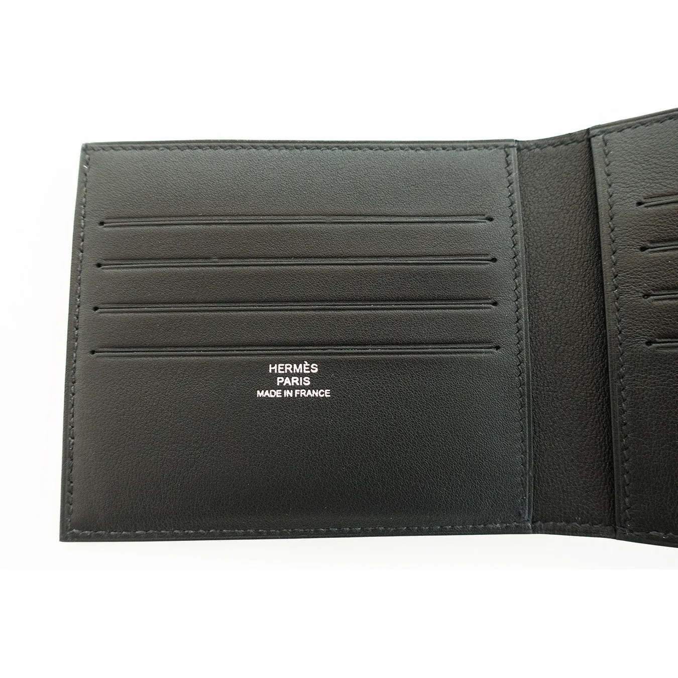 Hermes Black Swift Men's Wallet Blue Petit Fil d'Argent Silk Lining Classic Gift