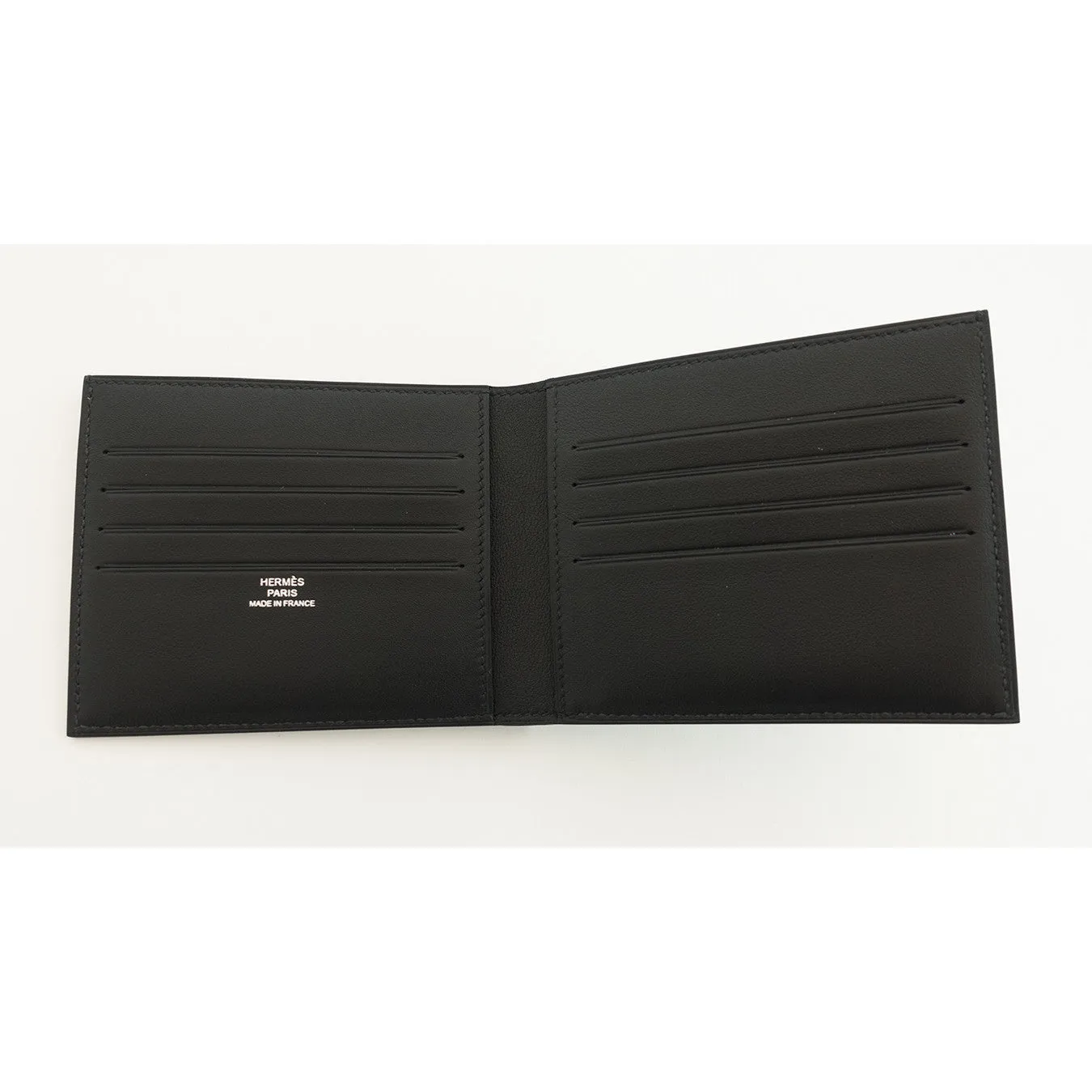 Hermes Black Swift Men's Wallet Blue Petit Fil d'Argent Silk Lining Classic Gift