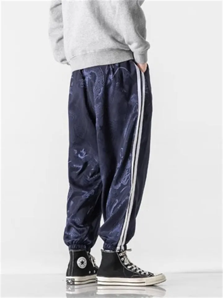 Male Chinese Style Loong Print Striped Ice Silk Pants