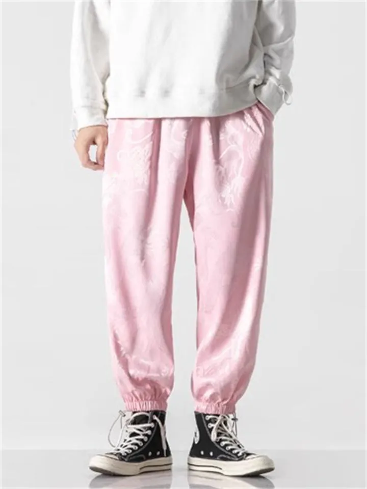 Male Chinese Style Loong Print Striped Ice Silk Pants