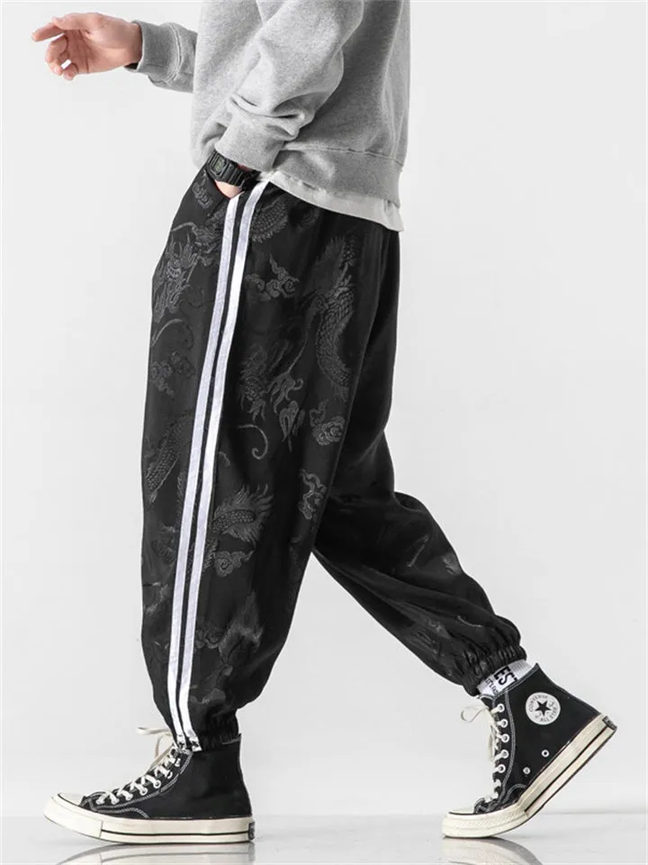 Male Chinese Style Loong Print Striped Ice Silk Pants