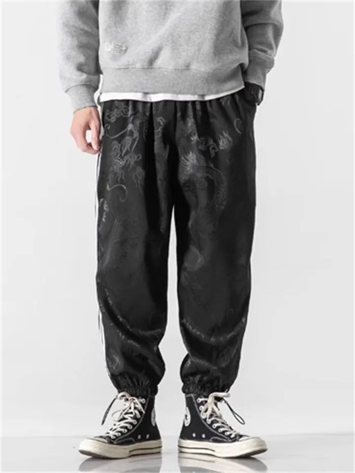 Male Chinese Style Loong Print Striped Ice Silk Pants