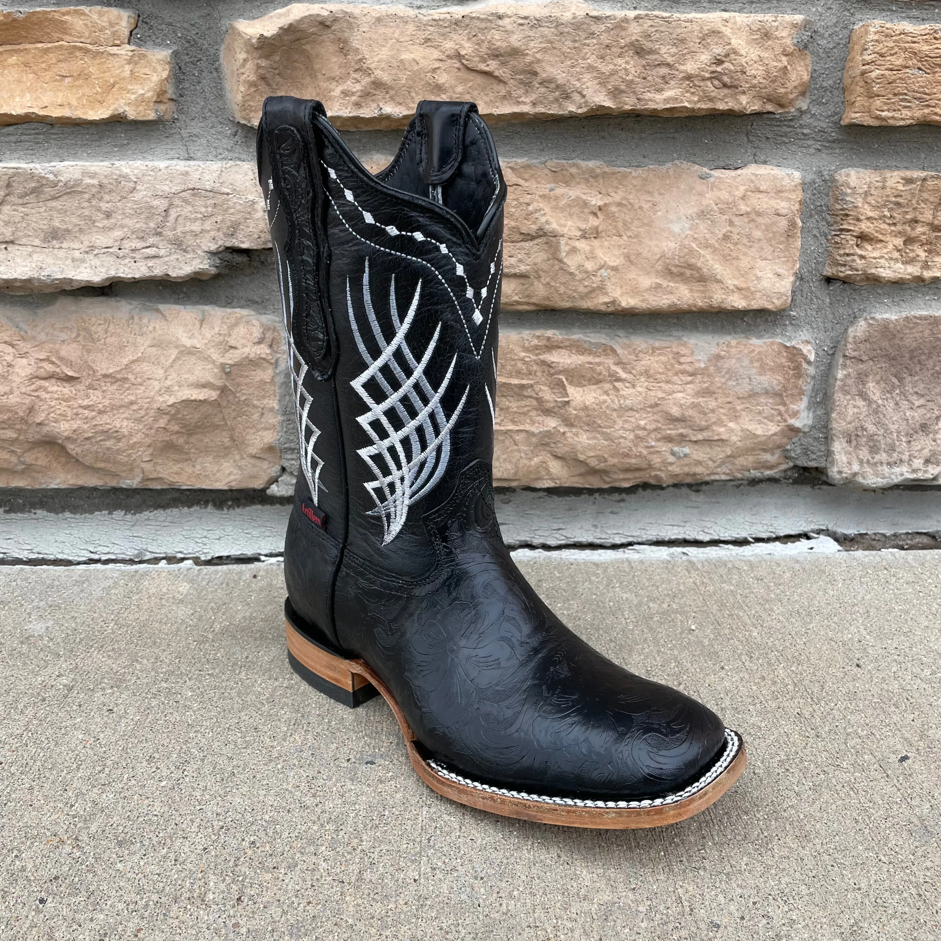 Men's Artillero Black Hand Tooled Chiseled Print Wide Square Toe Boots