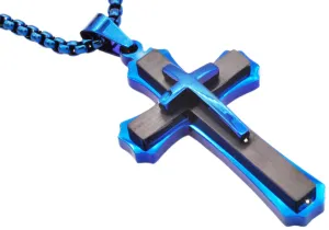 Men's Black And Blue Plated Stainless Steel Cross Pendant Necklace