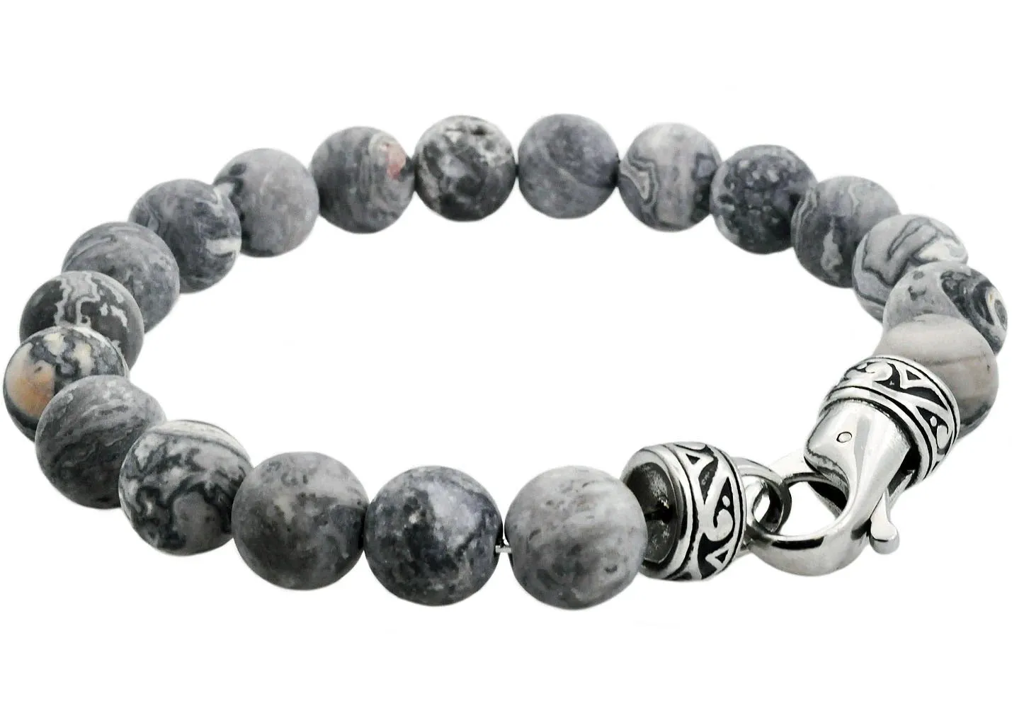 Men's Genuine 10MM Gray Jasper Stainless Steel Beaded Bracelet