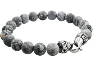 Men's Genuine 10MM Gray Jasper Stainless Steel Beaded Bracelet