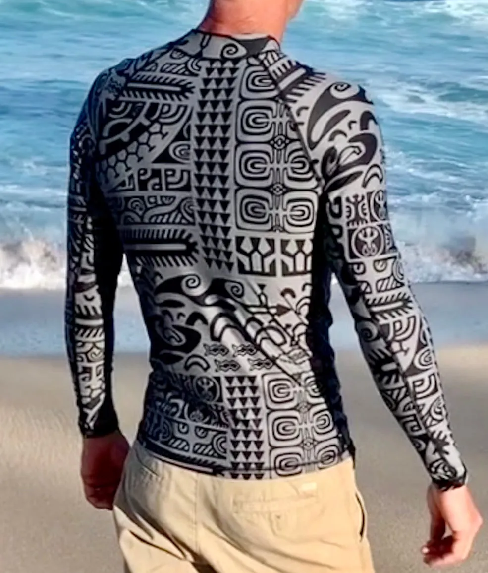 Men's Long-Sleeve Rash Guard ~ Matamua Print ~ Gray/Black