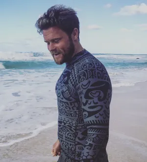 Men's Long-Sleeve Rash Guard ~ Matamua Print ~ Gray/Black