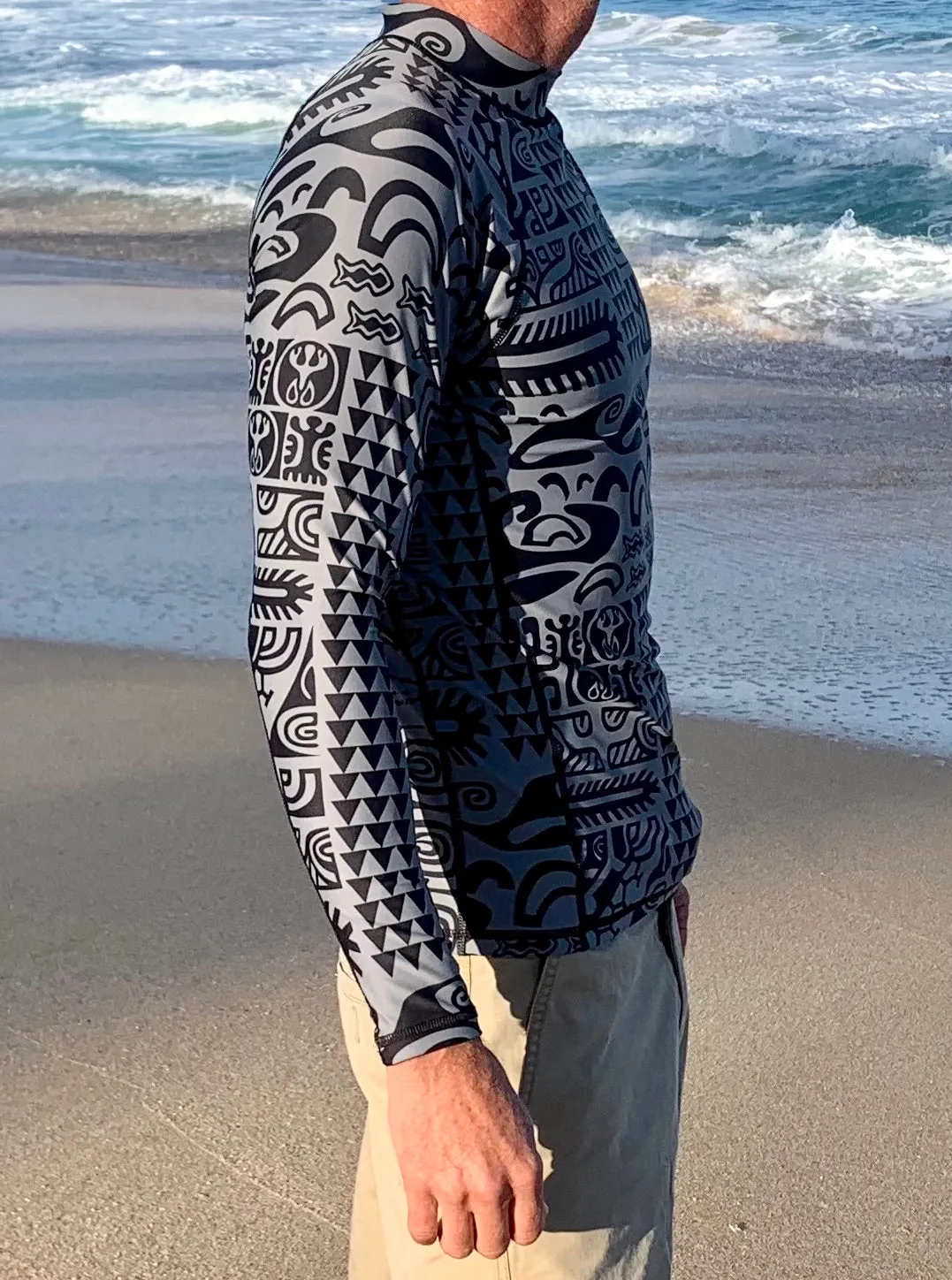 Men's Long-Sleeve Rash Guard ~ Matamua Print ~ Gray/Black
