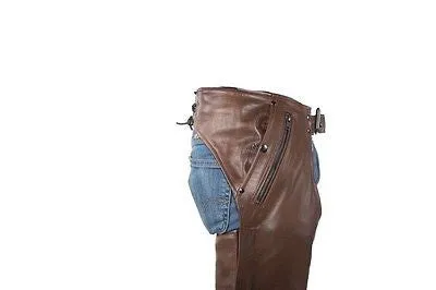 MEN'S MOTORCYCLE REMOVABLE LINER PANT BRN RETRO LEATHER CHAP WITH 3 POCKETS