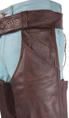 MEN'S MOTORCYCLE REMOVABLE LINER PANT BRN RETRO LEATHER CHAP WITH 3 POCKETS