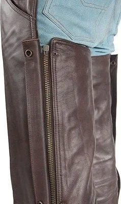MEN'S MOTORCYCLE REMOVABLE LINER PANT BRN RETRO LEATHER CHAP WITH 3 POCKETS