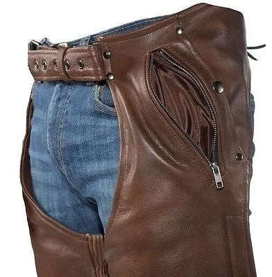 MEN'S MOTORCYCLE REMOVABLE LINER PANT BRN RETRO LEATHER CHAP WITH 3 POCKETS