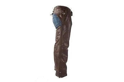 MEN'S MOTORCYCLE REMOVABLE LINER PANT BRN RETRO LEATHER CHAP WITH 3 POCKETS