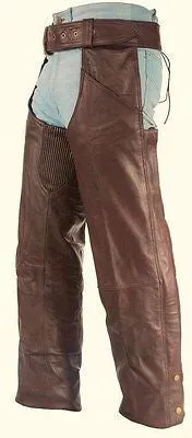 MEN'S MOTORCYCLE REMOVABLE LINER PANT BRN RETRO LEATHER CHAP WITH 3 POCKETS