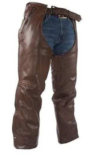 MEN'S MOTORCYCLE REMOVABLE LINER PANT BRN RETRO LEATHER CHAP WITH 3 POCKETS
