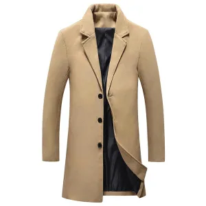 Men's Solid Color Single Breasted Wool Blend Longline Coat