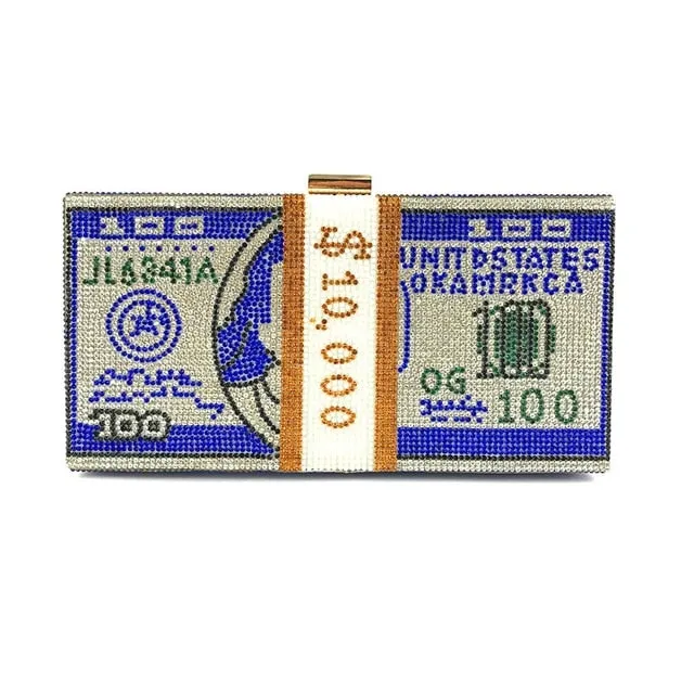 Money Clutch Rhinestone Purse 10000 Dollars Stack of Cash Evening