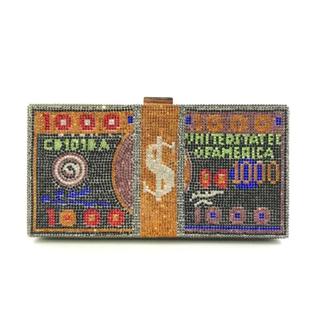 Money Clutch Rhinestone Purse 10000 Dollars Stack of Cash Evening