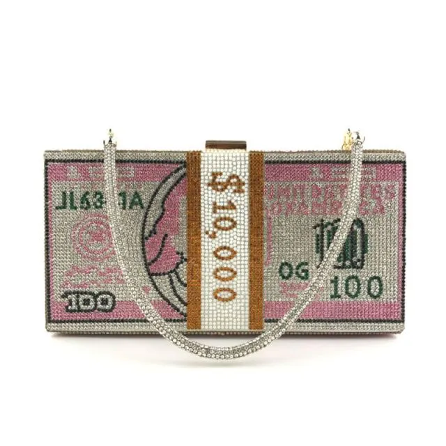 Money Clutch Rhinestone Purse 10000 Dollars Stack of Cash Evening