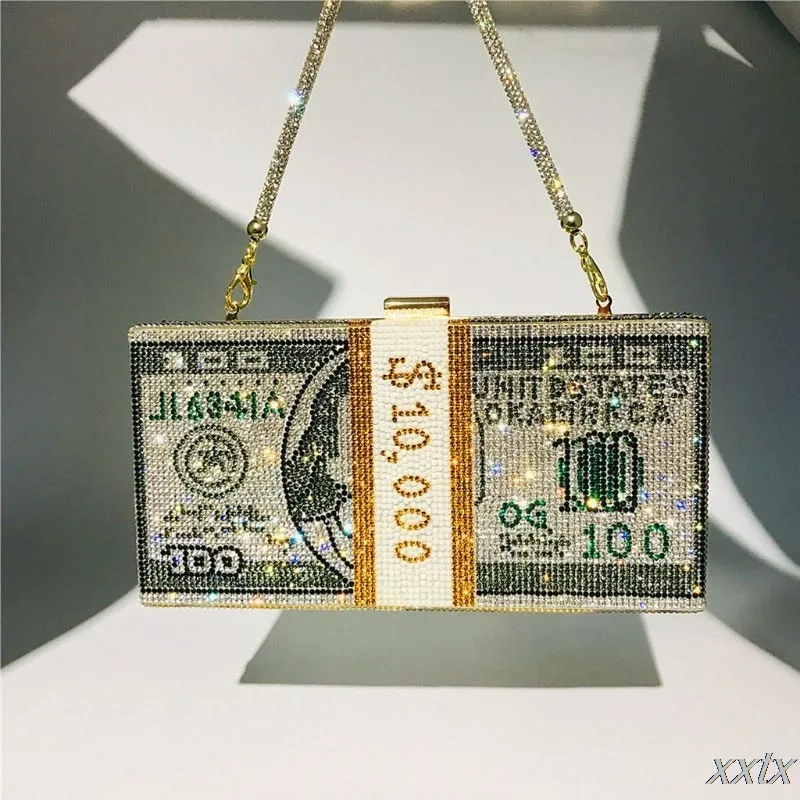 Money Clutch Rhinestone Purse 10000 Dollars Stack of Cash Evening