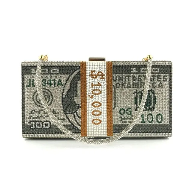 Money Clutch Rhinestone Purse 10000 Dollars Stack of Cash Evening