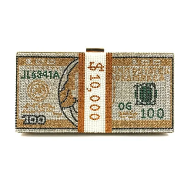 Money Clutch Rhinestone Purse 10000 Dollars Stack of Cash Evening