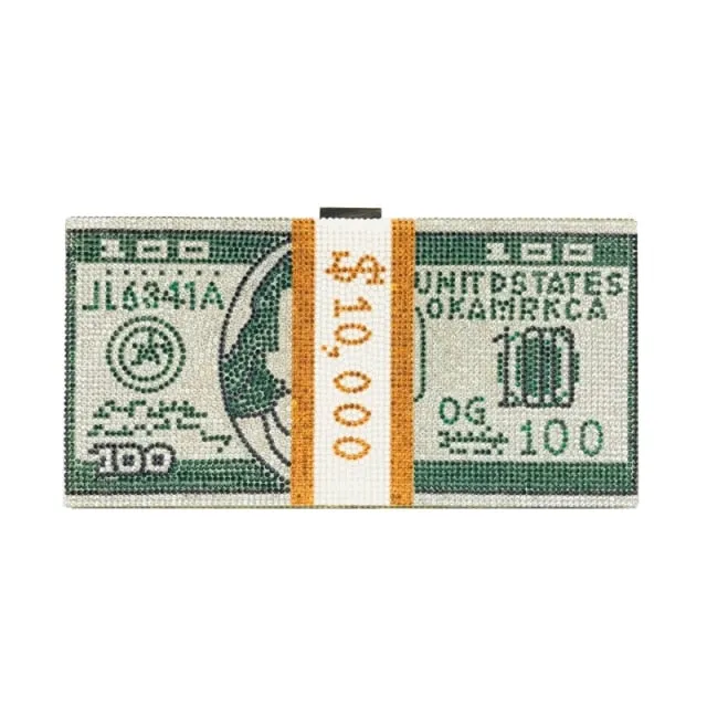 Money Clutch Rhinestone Purse 10000 Dollars Stack of Cash Evening