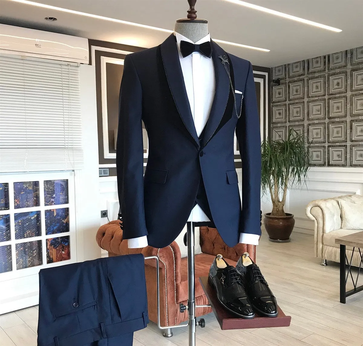 Navy Blue Shawl Lapel One Button Wedding Groom Suits