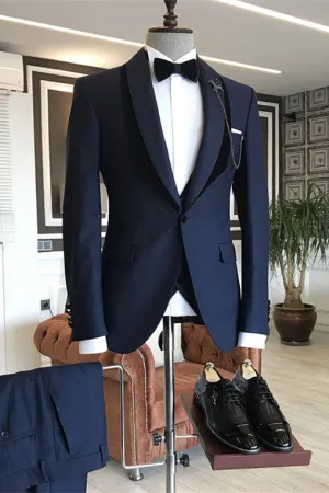 Navy Blue Shawl Lapel One Button Wedding Groom Suits