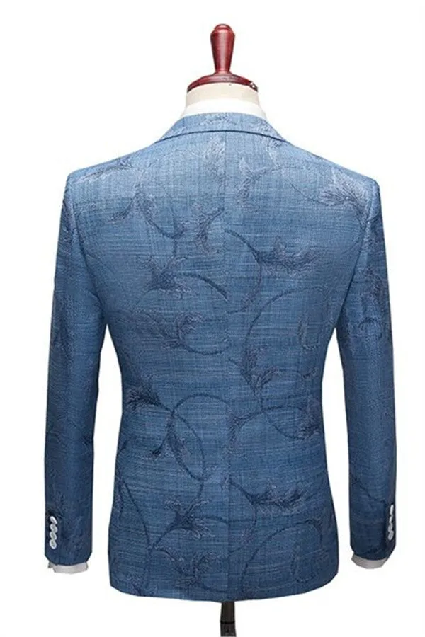 Ocean Blue Wood Men's Business Suitss Online Notched Lapel Print Tuxedo