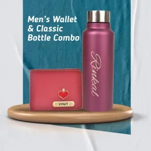 Personalized Men's Combo Wallet & Bottle - Wine