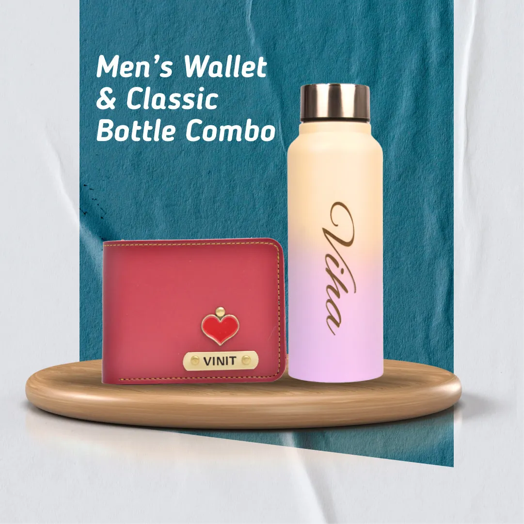 Personalized Men's Combo Wallet & Multicolor Bottle - Wine