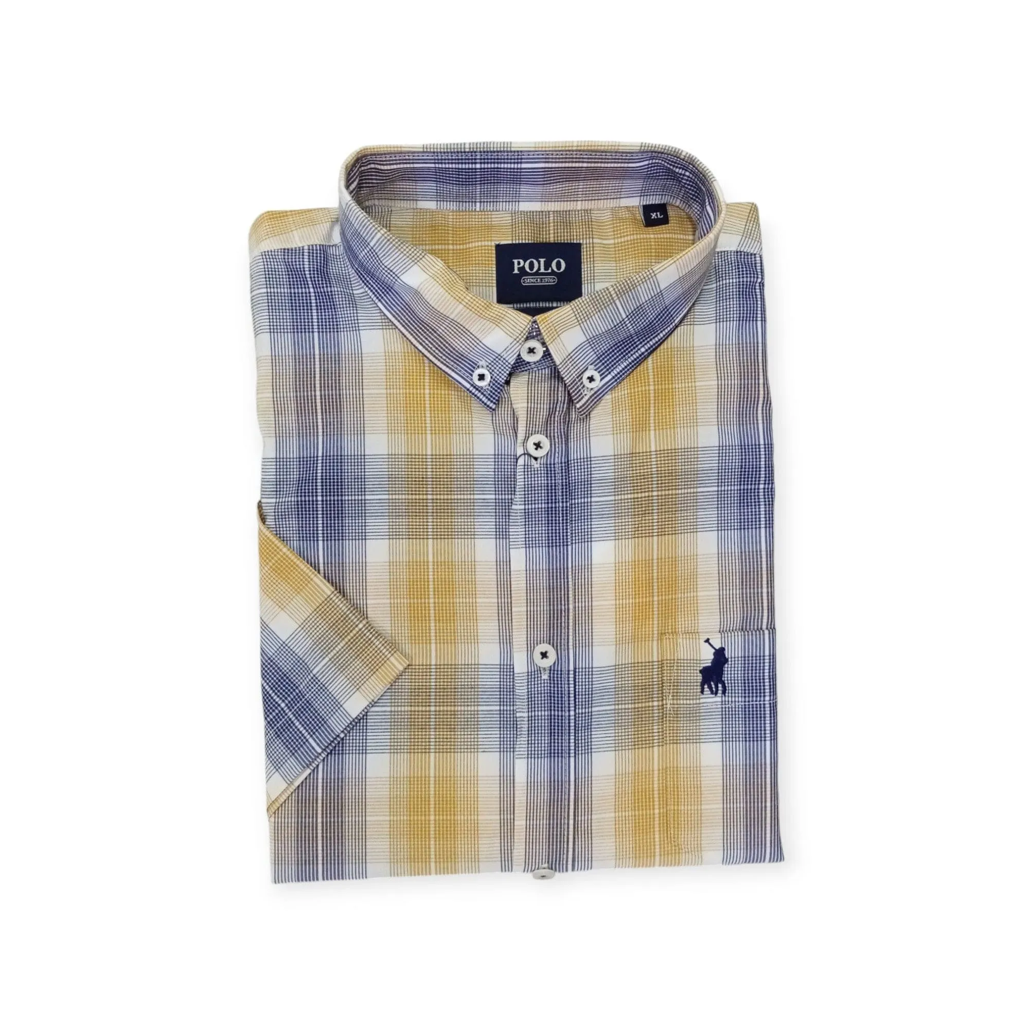 Polo Men's Large Check Short Sleeve Shirt Mustard