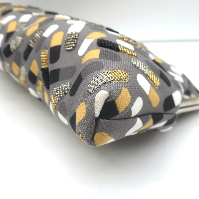 Sarah's Bag Beaded Pill Print Large Clutch Gray Canvas
