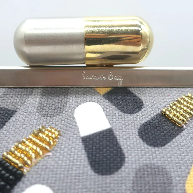 Sarah's Bag Beaded Pill Print Large Clutch Gray Canvas