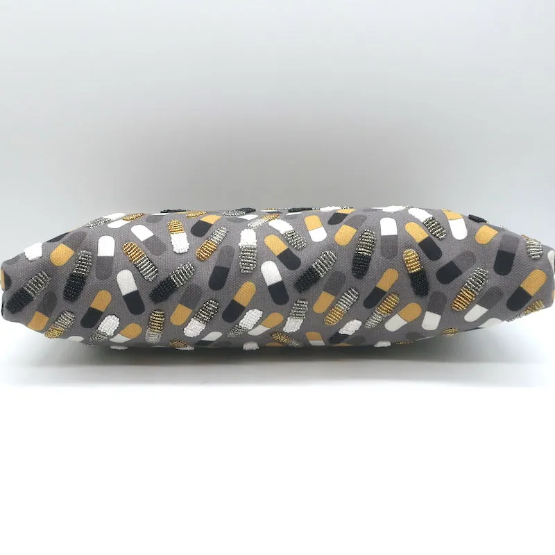 Sarah's Bag Beaded Pill Print Large Clutch Gray Canvas