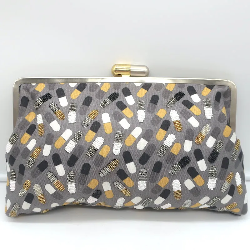 Sarah's Bag Beaded Pill Print Large Clutch Gray Canvas