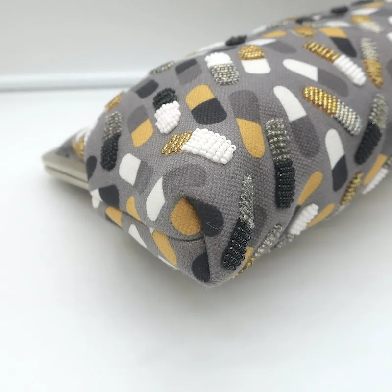 Sarah's Bag Beaded Pill Print Large Clutch Gray Canvas