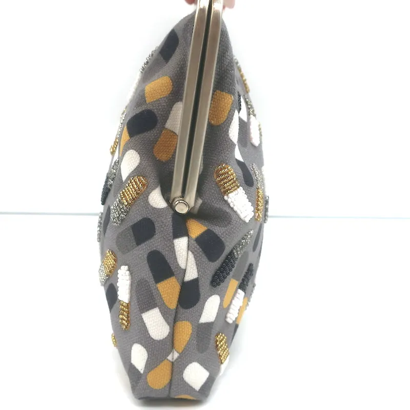 Sarah's Bag Beaded Pill Print Large Clutch Gray Canvas