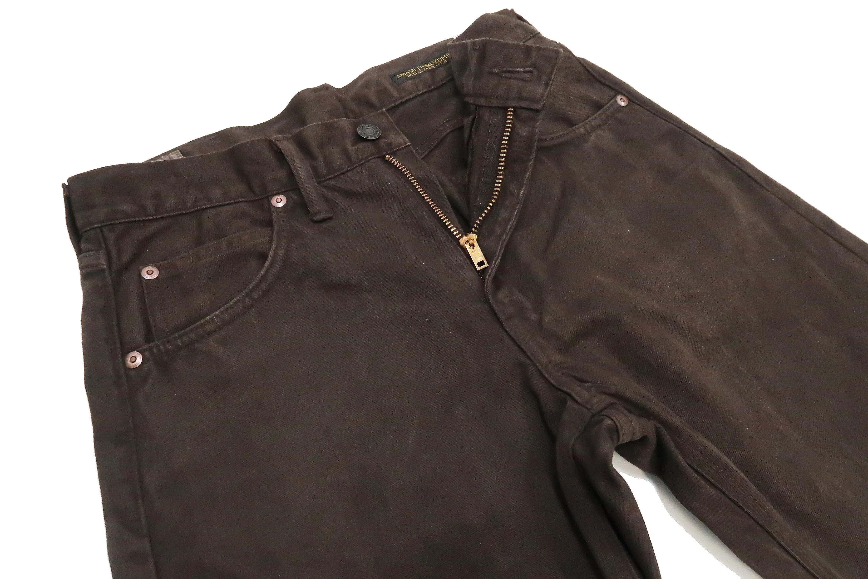 Studio D'artisan Slim Tapered Pants Men's Amami Dorozome EASTERNER Cotton Sateen Jeans with Natural Mud Dye 1852-DORO Drak-Brown