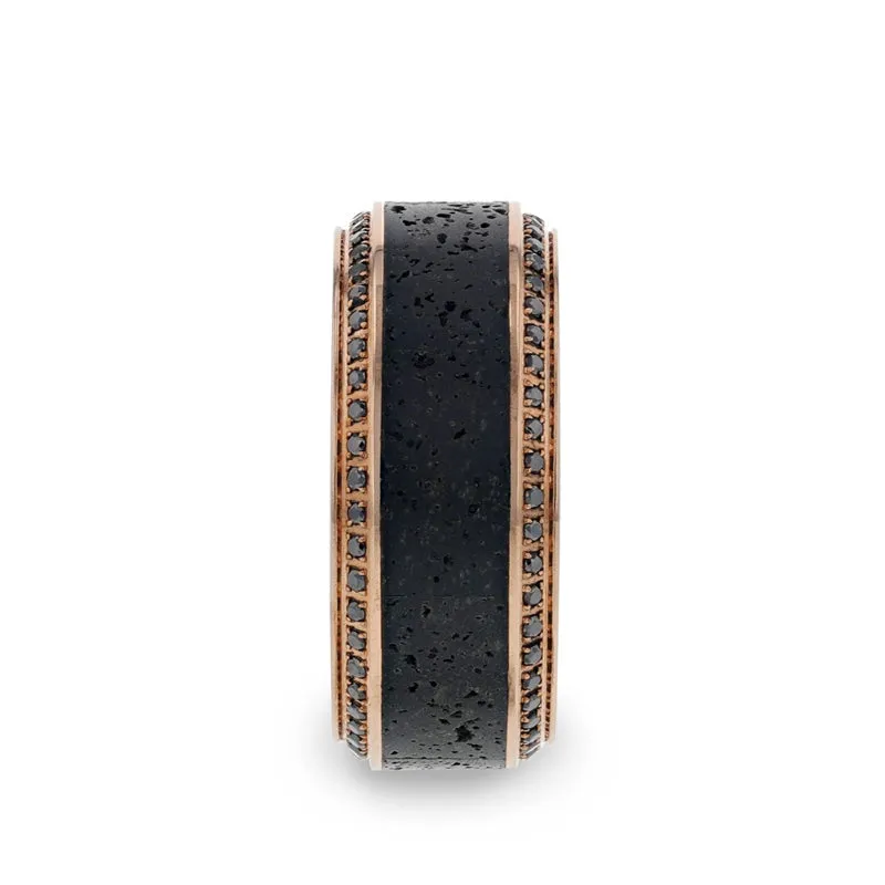 Thorsten HYPERIA Lava Inlaid 10K Rose Gold Wedding Ring Polished Beveled Edges Set with Round Black Diamonds - 10mm