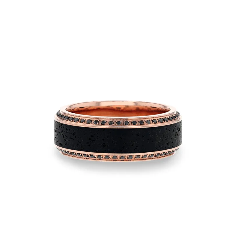 Thorsten HYPERIA Lava Inlaid 10K Rose Gold Wedding Ring Polished Beveled Edges Set with Round Black Diamonds - 10mm