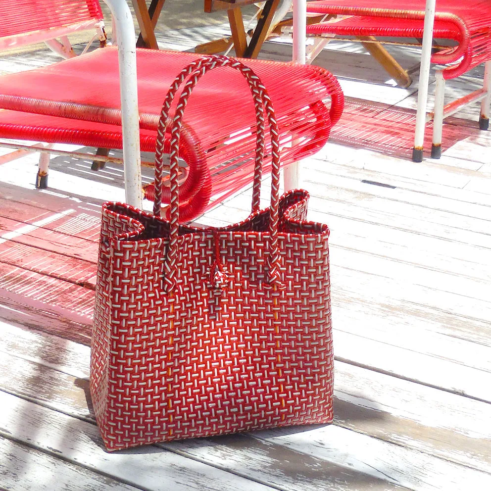 Toko Recycled Woven Tote Bag, in Red & White
