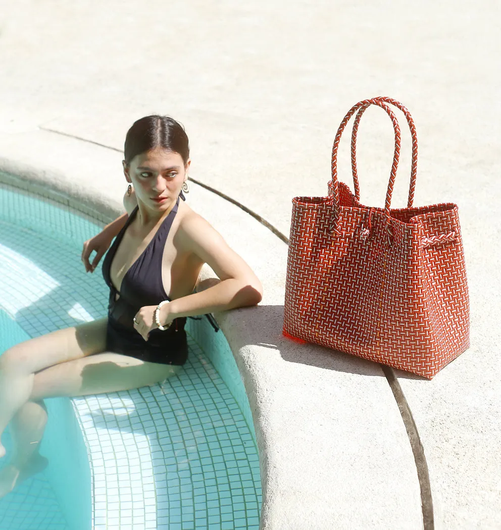 Toko Recycled Woven Tote Bag, in Red & White