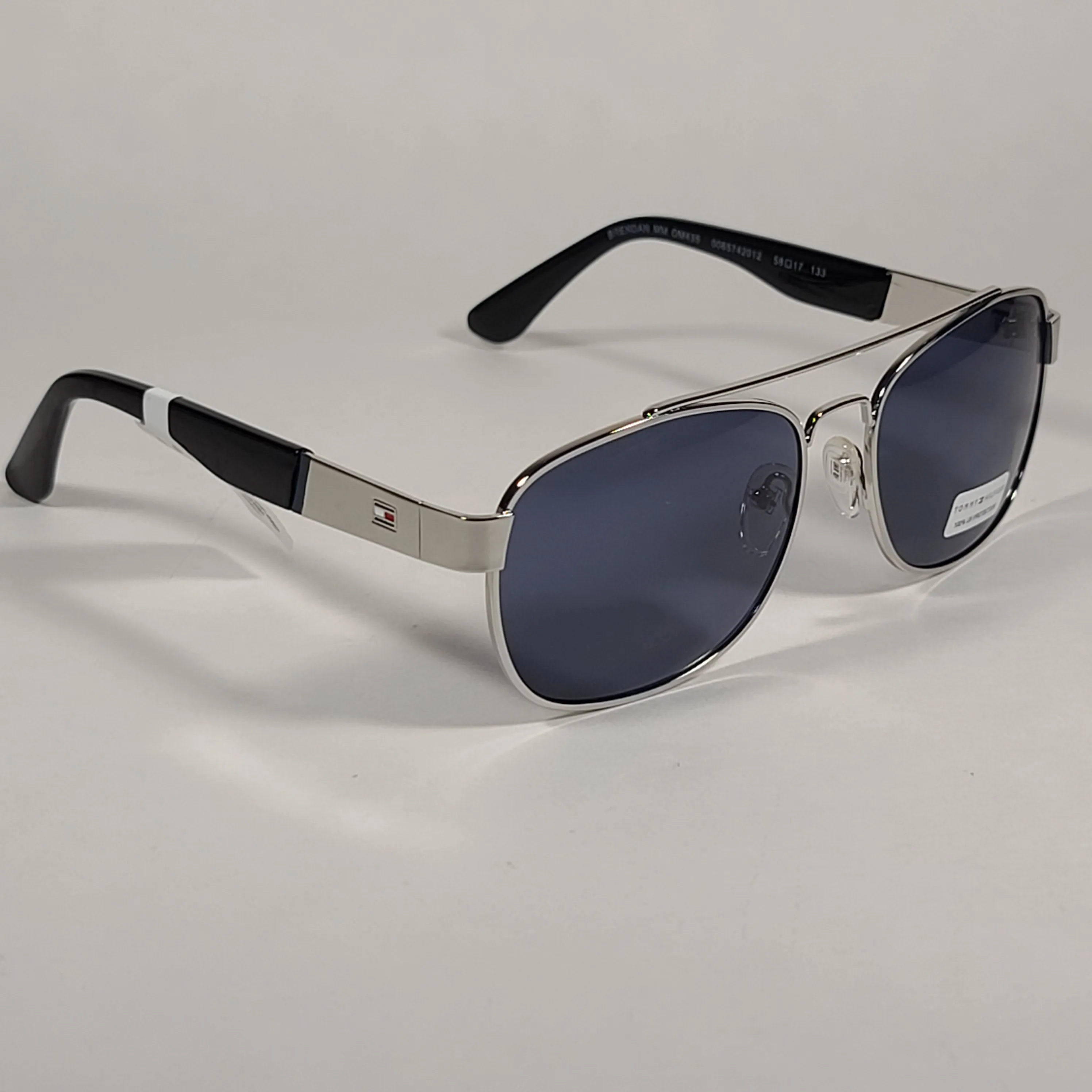 Tommy Hilfiger Brendan Rectangular Sunglasses Silver And Black Frame Blue Gray Lens BRENDAN MM OM435
